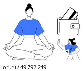 Woman meditating in lotus pose, wallet containing credit cards, and a female jogger. Ideal for wellness, finance, healthy lifestyle, fitness apps, meditation, personal growth and stress management. Yoga Meditator, Wallet with Credit Cards, and Person Running to Stay Fit. Стоковая иллюстрация, агентство Ingram Publishing / Фотобанк Лори