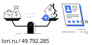 Scales balance money bag and briefcase with house and heart user profile with star ratings. Ideal for finance, real estate, health, balance, assessments, evaluations, life choices. Line metaphor. Balancing Financial Wealth, Health, and Housing for a Positive Life and Quality Ratings. Стоковая иллюстрация, агентство Ingram Publishing / Фотобанк Лори