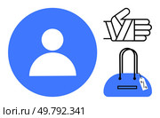 User profile icon in blue circle, thumbs-up sign with bandaged thumb, blue handbag with dangling price tag. Ideal for social media, customer feedback, healthcare, online shopping, profile creation. User Profile Icon, Thumbs Up Sign, and Handbag with Price Tag in Blue and Black Minimalist Design. Стоковая иллюстрация, агентство Ingram Publishing / Фотобанк Лори