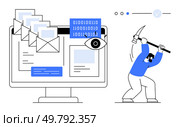 Computer monitor with envelopes, binary code, and eye icon. Person with hammer attacking. Ideal for cybersecurity, data protection, hacking, IT security, online threats malware prevention coding. Cybersecurity Threat with Malware Attack on Computer System. Стоковая иллюстрация, агентство Ingram Publishing / Фотобанк Лори