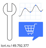 Wrench, line graph with data points, and shopping cart icon in a speech bubble representing tools, analysis, and e-commerce. Ideal for online business, sales strategy, market analysis, data-driven. E-commerce Optimization Wrench, Line Graph, and Shopping Cart in Speech Bubble. Стоковая иллюстрация, агентство Ingram Publishing / Фотобанк Лори