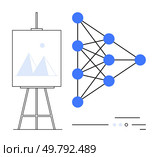 Abstract network model with connected blue nodes alongside an easel board with simple mountain drawing. Ideal for AI, tech presentations, data visualization, machine learning, education, innovation. Abstract network model with connected blue nodes and an easel board featuring mountain drawing. Стоковая иллюстрация, агентство Ingram Publishing / Фотобанк Лори