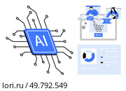 AI chip with circuitry links, online shopping interface with Cash Back and Buy icons, data analytics display. Ideal for technology, AI, e-commerce, online shopping, data analysis, marketing. Artificial Intelligence Chip with E-commerce Interface and Data Analytics Elements. Стоковая иллюстрация, агентство Ingram Publishing / Фотобанк Лори