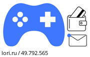 Blue gaming controller next to wallet with cards and an email notification. Ideal for gaming, e-commerce, communication, digital transactions, notifications, tech setups, and financial apps. Line. Gaming Controller with Wallet and Credit Card, and Email Notification Icons. Стоковая иллюстрация, агентство Ingram Publishing / Фотобанк Лори
