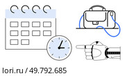Calendar icon, wall clock, briefcase with blue strap, robotic hand pointing. Ideal for business scheduling, productivity, time management, futuristic workspaces, artificial intelligence, office. Futuristic Time Management Concept with Clock, Calendar, Briefcase, and Robotic Hand. Стоковая иллюстрация, агентство Ingram Publishing / Фотобанк Лори