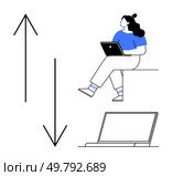 Woman with laptop sitting on a ledge, arrows pointing up and down, laptop computer. Ideal for communication, technology, remote work, digital marketing, education, data exchange, connectivity. Line. Woman with Laptop and Arrows Symbolizing Communication Flow and Technology Interaction. Стоковая иллюстрация, агентство Ingram Publishing / Фотобанк Лори