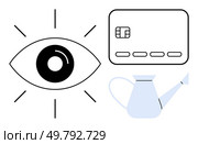 Eye with radiating lines beside a credit card and watering can. Ideal for financial growth, security, investment, savings, banking, vigilance, and nurturing prosperity. Line metaphor. Eye with radiating lines, a credit card, and a watering can representing financial growth and security. Стоковая иллюстрация, агентство Ingram Publishing / Фотобанк Лори