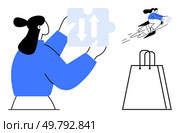 Woman holding a puzzle piece with up-down arrows, person riding a rocket, and a shopping bag. Ideal for teamwork, innovation, problem-solving, speed, e-commerce direction conveyance. Line metaphor. Woman Holding Puzzle Piece with Up-Down Arrows, Person Riding Rocket, and Shopping Bag. Стоковая иллюстрация, агентство Ingram Publishing / Фотобанк Лори
