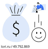 Large money bag with dollar sign, smiling face, shopper holding bags. Ideal for finance, e-commerce, retail, customer satisfaction, business success online shopping marketing. Line metaphor. Money Bag Icon Representing Financial Success with Happy Customer and Shopping Bags. Стоковая иллюстрация, агентство Ingram Publishing / Фотобанк Лори