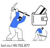 Miners using pickaxes alongside a wallet with a credit card. Ideal for finance, hard work, savings, cryptocurrency, financial growth, investment, and banking themes. Line metaphor. Miners Working with Pickaxes Near Wallet Containing Credit Card, Symbolizing Financial Efforts. Стоковая иллюстрация, агентство Ingram Publishing / Фотобанк Лори