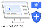 Desktop screen displaying analytical data alongside blue shopping cart and security icons. Ideal for e-commerce, cybersecurity, online shopping, data analysis, web development, digital marketing. Computer Monitor with Data Analytics, Shopping Cart and Security Shield Icons, Representing E-commerce and Safety. Стоковая иллюстрация, агентство Ingram Publishing / Фотобанк Лори