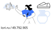 Woman raising hand to avoid allergens including dairy, fish, gluten, specific shoes, and a milk jug. Ideal for allergy awareness, health education, dietary caution, product packaging, medical. Woman Avoiding Allergens Such as Dairy, Fish, Gluten, Footwear, and Milk Jug. Стоковая иллюстрация, агентство Ingram Publishing / Фотобанк Лори