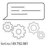 Speech bubble with three text lines above four interconnected gears of varying sizes. Ideal for communication, teamwork, problem-solving, collaboration, processes, workflow, engineering. Line. Speech bubble with text lines above interconnected gears, symbolizing communication and teamwork. Стоковая иллюстрация, агентство Ingram Publishing / Фотобанк Лори