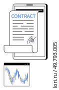 Digital contract signed on a tablet screen, includes candlestick chart. Ideal for business agreements, e-signatures, financial analysis, investment, tech solutions, digital business legal tech. Line. Digital contract signing and financial data analysis on tablet and chart interface. Стоковая иллюстрация, агентство Ingram Publishing / Фотобанк Лори