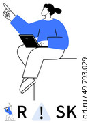 Woman working on laptop, pointing forward, symbolizing direction or progress, with Risk text emphasizing potential hazards. Ideal for business, decision-making, caution, leadership, strategy. Woman on laptop pointing forward with Risk text indicating potential hazards and caution. Стоковая иллюстрация, агентство Ingram Publishing / Фотобанк Лори