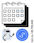 Robot pointing to calendar with highlighted dates and dollar symbol circle. Ideal for automation, financial planning, efficiency, scheduling, AI integration, time management, fintech. Line metaphor. Robotic Efficiency Boost for Financial Planning and Calendar Management. Стоковая иллюстрация, агентство Ingram Publishing / Фотобанк Лори