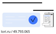 Document with blue checkmark symbolizing verification beside clipboard holding a signed contract. Ideal for business approvals, legal agreements, digital authenticity, compliance, official. Verified Contract Agreement with Blue Checkmark and Clipboard. Стоковая иллюстрация, агентство Ingram Publishing / Фотобанк Лори