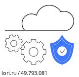 Cloud, gears, and shield with checkmark representing cloud computing and security themes. Ideal for technology services, data storage, cybersecurity, IT infrastructure, software development, cloud. Cloud Computing Security with Gears and Shield Highlighting Data Protection. Стоковая иллюстрация, агентство Ingram Publishing / Фотобанк Лори