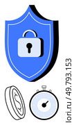 Shield with lock for security coin for financial stability and stopwatch for time management. Ideal for security, finance, punctuality, protection, safety, money, and efficiency. Line metaphor. Shield with Lock, Coin, and Stopwatch Representing Security, Financial Stability, and Time Management. Стоковая иллюстрация, агентство Ingram Publishing / Фотобанк Лори