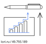 Pen, ascending bar graph, and upward arrow indicating growth and success. Ideal for business strategy, performance increase, financial growth, productivity boost, professional development, market. Pen, ascending bar graph, and upward arrow symbolizing growth and progress in business and productivity. Стоковая иллюстрация, агентство Ingram Publishing / Фотобанк Лори