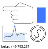 Hand with index finger pointing financial graph with data points currency symbol in circle. Ideal for business, finance, analysis, economics, data interpretation, investments, stock market. Line. Navigating Economic Trends Hand Gestures and Financial Graphs Illustrate Market Insights. Стоковая иллюстрация, агентство Ingram Publishing / Фотобанк Лори