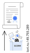 Digital certification scroll with blue ribbon and signature, upward arrow pointing to multimedia elements thumbs up images, music, video, email, and document labeled SCORM. Ideal for education. Digital Certification and Multimedia SCORM Package Creation Concept with Upward Arrow. Стоковая иллюстрация, агентство Ingram Publishing / Фотобанк Лори