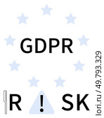 GDPR text with exclamation triangle and stars representing EU. Ideal for data privacy, compliance, risk management, cybersecurity, regulatory education, corporate training, digital safety. Line. GDPR Risk Awareness Highlighted with Exclamation Triangle and Stars for Data Protection. Стоковая иллюстрация, агентство Ingram Publishing / Фотобанк Лори
