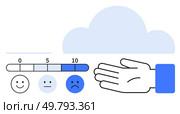 happy, neutral, and sad face icons with 0, 5, 10 numeric scale, hand icon, large blue cloud. Ideal for feedback emotions evaluation support mental health decision making digital services. Line. Emotional Feedback Meter with Cloud and Hand Symbolizing Evaluation and Support. Стоковая иллюстрация, агентство Ingram Publishing / Фотобанк Лори