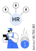 Worker checking tablet with HR symbol connected to three employees, symbols of coins representing financial rewards. Ideal for HR, recruitment, workforce management, productivity, financial planning. Human resources management illustrated with worker checking tablet and monetary gains depicted as coins. Стоковая иллюстрация, агентство Ingram Publishing / Фотобанк Лори