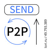 Send button in blue, circular arrows surrounding P2P, and an upward arrow indicating money transfer or peer-to-peer transaction. Ideal for finance, digital transactions, technology, peer-to-peer. P2P Money Transfer Concept with Send Button, Circular Arrows, Upward Arrow in Minimalist Style. Стоковая иллюстрация, агентство Ingram Publishing / Фотобанк Лори