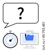 Stopwatch question mark in speech bubble computer with blue folder and documents. Ideal for productivity, digital organization, time management, efficiency, deadlines, technology, workflow. Line. Time Management and Digital Organization Concept with Stopwatch, Computer, and Files in Speech Bubble. Стоковая иллюстрация, агентство Ingram Publishing / Фотобанк Лори