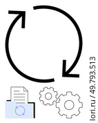 Circular arrows indicating a loop action, document with similar icon, and gears symbolizing system or process workflow. Ideal for update processes, data synchronization, workflow automation. Circular arrows with document, gears for updates or process optimization, and file management. Стоковая иллюстрация, агентство Ingram Publishing / Фотобанк Лори
