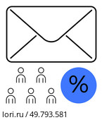 Large envelope, five user icons, blue circle with percentage sign. Ideal for email marketing, discount strategies, audience targeting, digital communication, promotional campaigns, newsletters. Email Marketing Campaign with Target Audience and Discount Symbol Icon. Стоковая иллюстрация, агентство Ingram Publishing / Фотобанк Лори