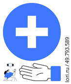 Blue circle with white cross, robot nurse handing medicine to a sitting patient, extended hand. Ideal for healthcare, medical technology, robot assistance, patient care, health services, futuristic. Blue medical cross, robot nurse offering medicine to patient, healthcare concepts. Стоковая иллюстрация, агентство Ingram Publishing / Фотобанк Лори