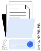 Documents stacked behind a light blue file folder with a blue checkmark symbol and an industrial building icon. Ideal for business organization, office management, paperwork filing, productivity. Organized Document Management with File Folders and Checklist for Efficient Information Handling. Стоковая иллюстрация, агентство Ingram Publishing / Фотобанк Лори