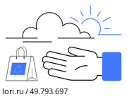 Paper bag with recycling symbol, extended hand, cloud, and sun. Ideal for sustainability, environmental conservation, recycling, eco-friendly practices, renewable energy clean living and community. Sustainable Living Recycling, Eco-Friendly Practices, and Renewable Energy for a Greener Future. Стоковая иллюстрация, агентство Ingram Publishing / Фотобанк Лори