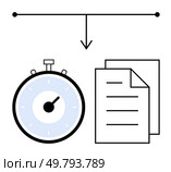 Stopwatch stack of papers and a timeline with downward arrow. Ideal for time management, project planning, deadlines, productivity, efficiency, task prioritization, organization. Line metaphor. Stopwatch and Papers Connected by Timeline Concept of Time Management and Task Prioritization. Стоковая иллюстрация, агентство Ingram Publishing / Фотобанк Лори