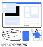 Computer screen layout with text boxes, image placeholders, pop-up elements, and lines. Hand extending for interaction. Character portrait. Ideal for web design, UIUX, technology creative sessions. Web Design Elements with Interface Layout, Hand Gesture, and Portrait Illustration. Стоковая иллюстрация, агентство Ingram Publishing / Фотобанк Лори