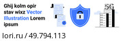 Text elements, detailed documents with checkmark and clips, imposing security shield icon, and tall buildings with 5G connectivity icon. Ideal for technology, security, networking. Secure Document Management with 5G Connectivity and Efficient Shield Protection. Стоковая иллюстрация, агентство Ingram Publishing / Фотобанк Лори
