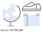 Globe and shoe on an open box representing international trade and global distribution. Ideal for e-commerce, shipping logistics, global business expansion, product supply chain, online marketing. Global Trade Concept Shoe on Box Next to Globe Highlighting Worldwide Commerce and Distribution. Стоковая иллюстрация, агентство Ingram Publishing / Фотобанк Лори