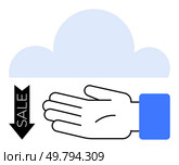 Cloud, hand extending palm, downward arrow marked SALE. Ideal for technology, cloud computing, marketing, discounts offers business data storage. Hand sign conveys offer availability. Line. Cloud Computing and Hand Gesture with Downward Arrow for Sale Indication. Стоковая иллюстрация, агентство Ingram Publishing / Фотобанк Лори