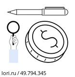 Pen, magnifying glass held by hand, and a dollar coin. Ideal for business, finance, auditing writing research education and investment. Line metaphor. Line metaphor. Simple line icons. Pen, Magnifying Glass, and Dollar Coin Representing Analysis, Investigation, and Financial Focus. Стоковая иллюстрация, агентство Ingram Publishing / Фотобанк Лори