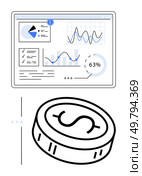 Computer screen displaying financial graphs, pie charts, progress indicators, and checklists above a dollar coin. Ideal for finance, data analysis, business strategy, financial planning, reporting. Financial Dashboard with Graphs, Charts, and Dollar Coin Showcasing Analytical Data. Стоковая иллюстрация, агентство Ingram Publishing / Фотобанк Лори
