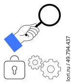 Magnifying glass held by hand, adjacent to lock icon and two interconnected gears. Ideal for cybersecurity, IT support, system analysis, problem-solving, data protection, quality control, research. Hand Holding Magnifying Glass with Lock and Gears Representing Security and Analysis Concepts. Стоковая иллюстрация, агентство Ingram Publishing / Фотобанк Лори