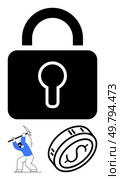 Large black padlock, miner wielding pickaxe in blue and white, and coin with dollar sign. Ideal for security, finance, cryptocurrency, investment, economic growth mining wealth. Line metaphor. Concept of Economic Security Featuring Padlock, Miner with Pickaxe, and Coin. Стоковая иллюстрация, агентство Ingram Publishing / Фотобанк Лори