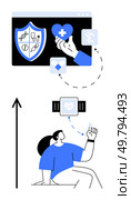 Connected smart devices and health applications illustrate fitness wearables enhancing lifestyle. Ideal for wellness, technology, healthcare, innovation, activity tracking, digital health, future. Digital Health Monitoring Revolution Through Wearables and Fitness Applications. Стоковая иллюстрация, агентство Ingram Publishing / Фотобанк Лори