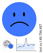 Blue sad face messy scribble and fluctuating chart highlight emotional struggles. Ideal for mental health, stress, mood tracking, therapy, emotional awareness, personal growth, introspection. Line. Exploring Emotional Health The Ups and Downs in Well-being and Mental Health. Стоковая иллюстрация, агентство Ingram Publishing / Фотобанк Лори