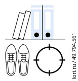 Files and books on shelf with shoes and target symbol below them. Ideal for business planning, productivity, career objectives, office organization, strategic planning, professional development. Line. Office Books and Files on a Shelf with Pair of Shoes and Target Symbol for Goals and Productivity. Стоковая иллюстрация, агентство Ingram Publishing / Фотобанк Лори