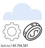 Cloud shape above a gear and coin icon depicting technological advancement, financial growth, and operational efficiency. Ideal for finance, cloud computing, technology integration, economic. Cloud Technology Integration with Monetary Growth and Efficient Mechanisms Visualized. Стоковая иллюстрация, агентство Ingram Publishing / Фотобанк Лори