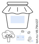 Glass jar with fabric lid and blank label, tree, credit card, hand holding coin connected by dotted line. Ideal for eco-friendly products, digital payments, financial transactions, sustainability. Digital transactions linked to eco-friendly practices and sustainable packaging. Стоковая иллюстрация, агентство Ingram Publishing / Фотобанк Лори